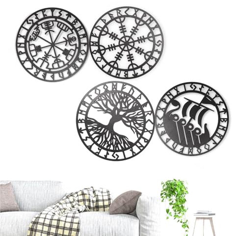 4 Stück Wikinger Wand Deko | Metall Wikinger De-kor Wanddeko Metall | Nordischer Kompass Wanddekoration Nautische Dekoration - Ausgehöhlte Ornament Für Schlafzimmer Wohnzimmer Kunst