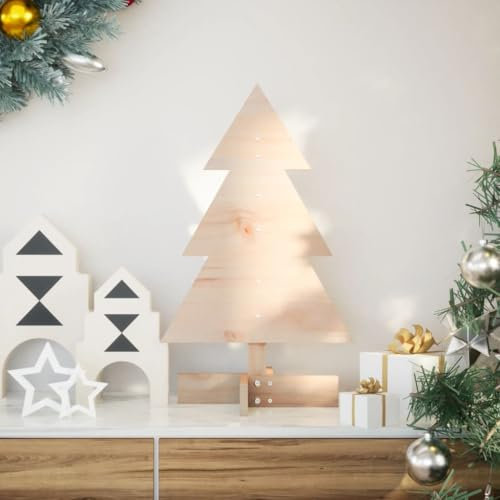 Homgoday Weihnachtsbaum aus Holz zur Dekoration, 60 cm Massivholz Kiefer, Xmas Pine Tree mit Metallständer, Indoor Outdoor Saisonal Holiday Ornament Dekoration Home Decor