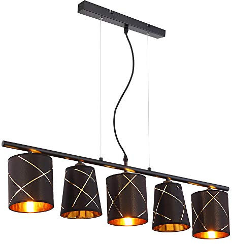Pendelleuchte Esstisch Hängelampe schwarz gold 5 flammig Esszimmerlampe E214 Wohnzimmerlampe hängend modern, mit goldenen Dekorlinien, 5x E14, LxH 90x140 cm
