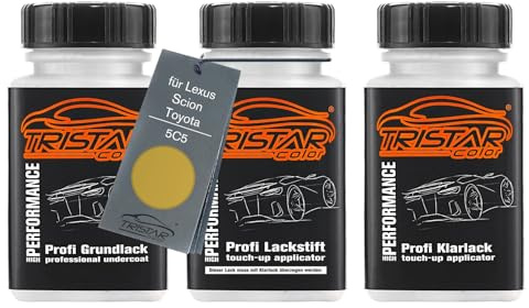 TRISTARcolor Autolack Lackstifte für Toyota 5C5 Mustard Metallic + Klarlack | für Toyota / Lexus / Scion, Set aus Grundlack + Basislack + Klarlack, Lackfläschchen mit Pinsel, je 50ml