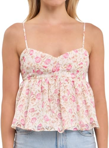 HzDazrl Damen-Babydoll-Tanktop mit Spaghettiträgern, Y2K, Blumendruck, ärmellos, rückenfrei, Sommer, niedliches Cami-Top, rose, S