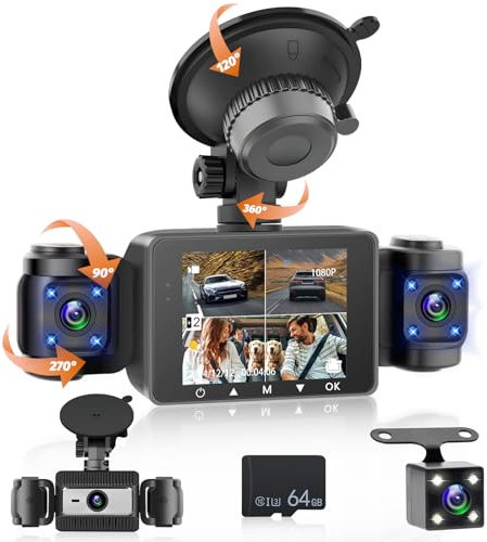 Fuluku 360 Grado Vista 4 Canales Dash CAM Delantera y Trasera Interior Izquierda Derecha, 1080P Dash Camera, Incluye 64GB Card/G-Sensor/Cámara Trasera/24H Parking Mode/Night Vision/Loop Recording