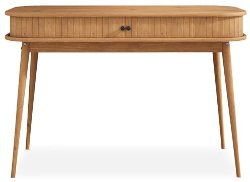 IDIMEX Schreibtisch JARI mit aufschiebbaren Fronten in Lamellenoptik, eichefarben - moderner Home Office Tisch aus Massivholz mit konischen Füßen, PC Tisch aus langlebigem Material