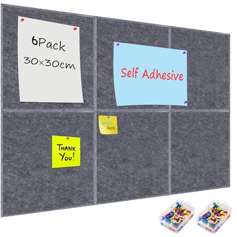 Esilihom 6 Pack Felt Board Tiles with 100 Push Pins, Self-Adhesive Notice & Pin Board for Home and Office, 30x30 cm Felt Cork Panel for Photo Notes DIY Memo (Dark Grey)