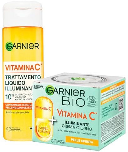 Garnier Bio Gesichtscreme Tag Vitamin C für stumpfe Haut, reduziert feine Linien mit Super Zitrus 50 ml + SkinActive Flüssigbehandlung für empfindliche Haut, 120 ml