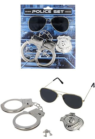HENBRANDT Single Adult Police Detective Fancy Dress Set with Dark Sunglasses, Police Badge and Handcuffs Uniform Cosplay Halloween Cops and Robbers Accessories Set for Men and Women