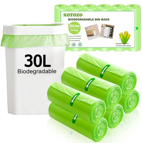 30 Litre Biodegradable Bin Liners, 144 Counts Food Waste Garbage Bags 30L Garbage Compostable Trash Caddy Liners, Recycling Degradable Rubbish Bag for Kitchen Bathroom Garden Office, Green, 60 x 65cm