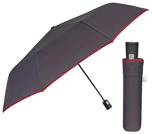PERLETTI Paraguas Portátil Hombre Elegante con Mango Curvado - Sombrilla Lluvia Automático Pequeño Portátil de Viaje - Paraguas Resistente Cortaviento Ligero - Diám 96 cm (Gris)