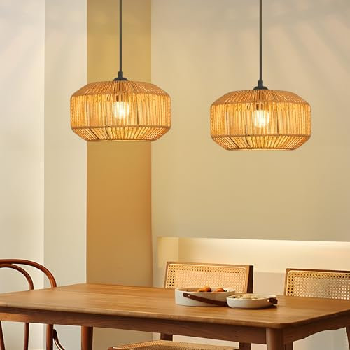 Deboola Hängelampe Boho Hängeleuchte Rattan Hanfseil - 2ER Pendelleuchte Vintage Esstischlampe Esstisch Kurze Laterne Design E27 Pendellampe für Schlafzimmer Esszimmer Wohnzimme(Ohne Leuchtmittel)