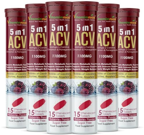 Vitaminnica ACV 5in1 Moringa Effervescent Tablets- 1100mg | Mixberries Flavor | Natural Energy & Immunity Booster with Antioxidants to Control Cravings -15 Tablets (6) Organic Apple Cider Vinegar