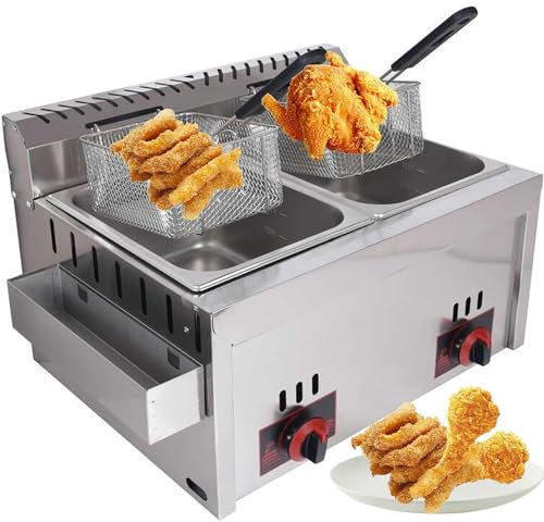Freidora De Gas - Freidora De Gas Lp De Acero Inoxidable De Doble Cilindro Para Restaurante - Freidora De Gas De Encimera De Glp Con Cesta - Control De Temperatura