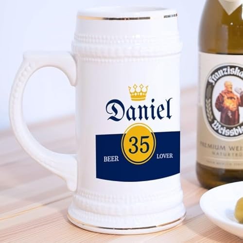 Wanapix | Personalised Beer Mug | German Ceramic Beer Stein | 580 ml | Dishwasher Safe | Original Gift | Crown