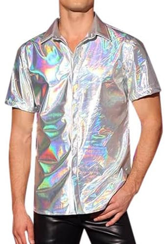 Générique Chemise Paillette Homme Tenue Disco Habillées Costume Col Pelle a Tarte T-Shirt Annee 80 Brillante Tenue de Soiree Vetement Clubwear Nuit de Fête
