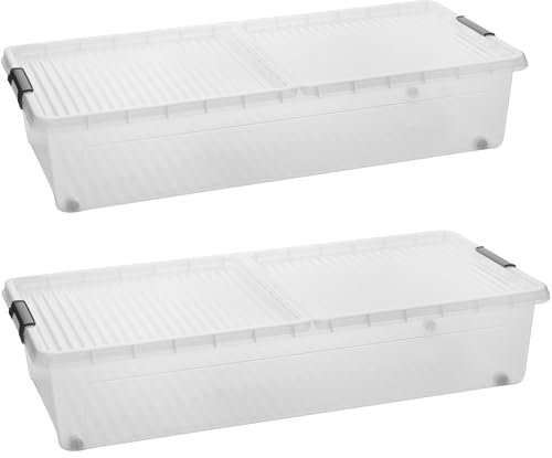 Sustania Juego de 2 cajas de almacenamiento para debajo de la cama con ruedas y tapa dividida, dimensiones: 78 x 38 x 16 cm, caja inferior de 32 l, cómoda para debajo de la cama fabricada en la UE