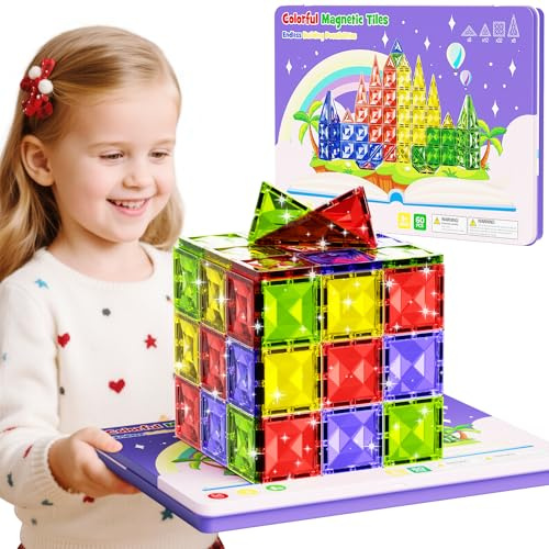YOGOHEE 60PCS Magnetic Tiles 5cm 3D Diamond Facet STEM Construction Toys Portable Tin Storage Case & Building Base Classic Colour Magnetic Blocks Travel Educational Building Sets Gifts for Kids 3+