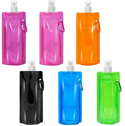 Zorplex Lot de 6 Bouteilles d'Eau Pliables De 480 ml, Réutilisables et Sans Bpa, Légères et Portables avec Mousqueton, Souples Pliantes pour Voyage, Randonnée, Camping, Cyclisme, Sport en Plein Air