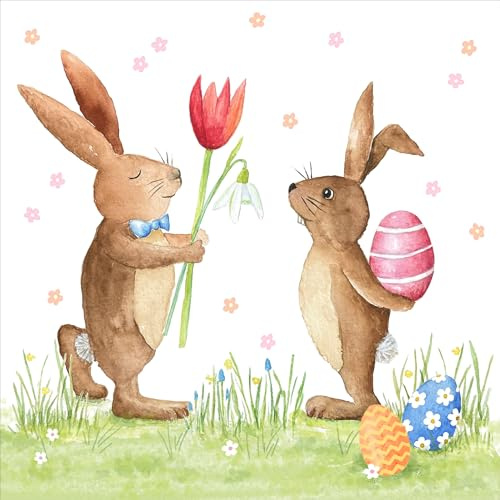 Braun & Company Frühlingservietten Osterservietten 33x33 cm – 3-lagig, 20 Stück | Farbenfrohe Papierservietten mit Osterhase Eier Blumen Motiv | Ideal für Oster Deko Tischdeko Frühling (1211-26305)