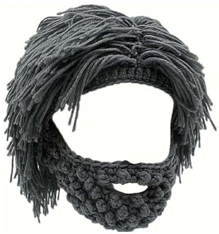 Acrylic Punk Style Beanie with Attached Straight Hair Wig and Knitted Beard, Künstlicher Perückenhut für Männer, Lustige Perücken Mütze mit Bart, Warme Strickmütze für Herren und Damen (Grau)