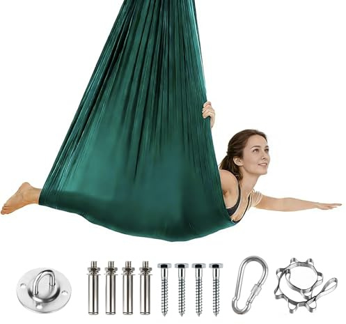 Aerial Yoga Hängematte Set mit Vollständiger Installations Hardware, Erwachsene Aerial Swing Air Fliegen Schaukel Hammock Swing 280x150cm, Dunkelgrün, Ideal für Indoor und Anti-Gravity Übungen