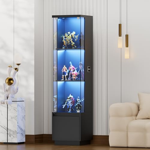 TWSOUL Glasvitrine, Moderne Vitrine mit 3-Farb-LED & Smart Sensor, 3-Lagen, Schwarz, Metallrahmen & gehärtetem Glas, Staubdicht, platzsparend für Wohnzimmer, Schlafzimmer, Büro & Sammlung