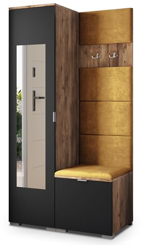 Masseno Flugarderoben Set VIRA, Kleiderschrank-Set mit Spiegel und Sitzbank, Garderobenschrank Flur mit 3 Regalböden, Eiche Lefkas/Schwarz