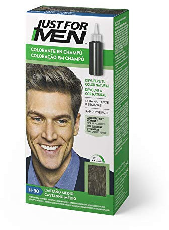 Just For Men - Champú colorante para cabello masculino, elimina las canas y rejuvenece el cabello en 5 minutos, 30 ml, marrón medio (El Empaque Puede Variar)
