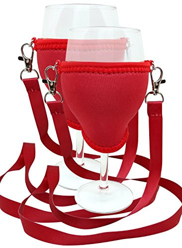 WineHolder Eff Em Concept Weinglas-Halter für den Hals, Weinglashalterung mit Halstrageband, Aufbewahrungs-Säckchen - Weinwanderung, Weinfeste, Junggesellen-, Events, Party (Rot 2er Set)