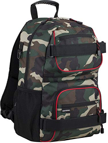 Eastsport Travel Skateboard Backpack Double Strap Laptop Bag Multi-Sport Design for Men and Women, Black Green Camo Red Trim
