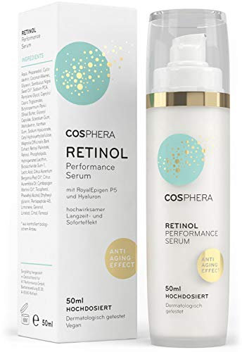 Cosphera - Retinol Performance Serum 50 ml - mit Hyaluronsäure - veganes hochdosiertes Konzentrat Gel für Gesicht, Hals- Anti-Falten Feuchtigkeitsbehandlung für Frauen und Männer