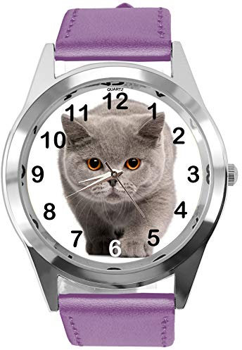TAPORT® Lila Leder Runde Uhr für Britische Kurzhaar-CAT Fans