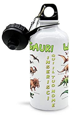 Mr. Gadgets Borraccia in Alluminio con Moschettone e Chiusura Ermetica Priva di sostanze nocive - Capacità 500 ml - Con Grafica Simpatica Dinosauri (Mod. 4 Personalizzato)