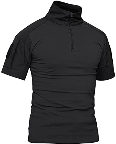 KEFITEVD Taktisch Shirt Herren Kurzarm Militär T-Shirt Stehkragen Atmungsaktiv Tactical Hemd Airsoft Uniform Arbeitsshirt Outdoor Schwarz 3XL