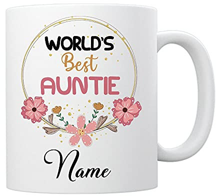 EnvyFone World's Best Auntie - Personalised Mug - Birthday Gift - Add Name/Relation - Flowers/Pink Floral Design - Ladies - Girls - Novelty Tea Coffee Cup