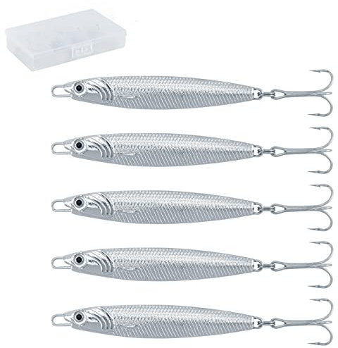 Dr.Fish Metal Sea Fishing Lures Silver Minnow Spoon Lures Set of 5 Sea Fishing Tackle Mackerel Cod Sea Bass Pike Stinger Spinner Lures Metal Jigs 30g