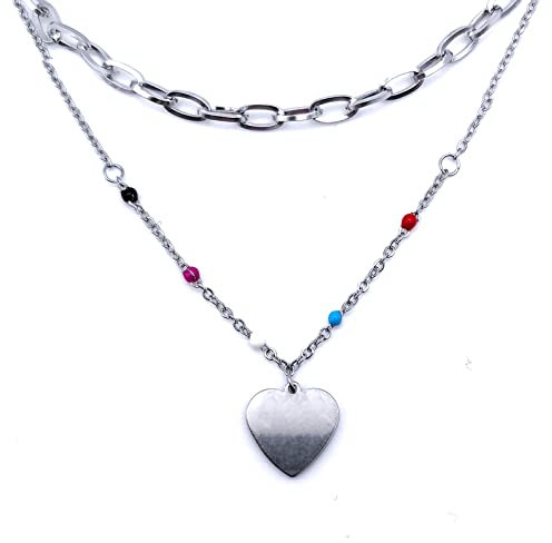 Generico Collana Donna con piccolo Ciondolo a forma di Cuore, Catenina Multistrato delicata Elegante e sottile, color argento