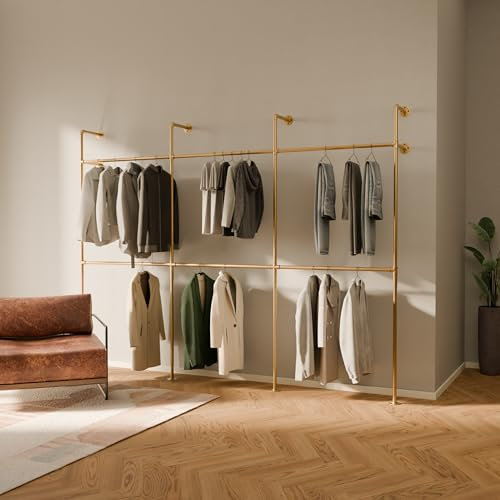 pamo industrial pipe clothing rack - KIM III Double Gold - clothes rack for wardrobe, bedroom and as walk-in closet system. Sturdy clothing racks for hanging clothes I wall mounted heavy duty clothes