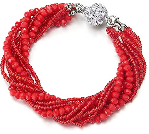COOLSTEELANDBEYOND Damen Mädchen Rot Kristall Wulst Multi-Strang Armband mit Strass Ball Charme Magnetverschluss