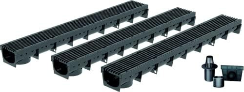 Entwässerungsrinne MEAPARK, 3er Pack (3x1m) mit Längsstabrost aus recyceltem Kunststoff in schwarz mit Zubehör - Entwässerungssystem für Terrassen, Schwimmbäder, Gärten und Fußgängerzonen. BK A15