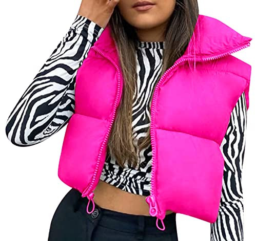 SEAUR Femme Doudoune Courte sans Manches Veste Gilet Ultra-courte Femme Col Montant Gilet Légère Manteau Court Zippée Décontracté Automne Hiver Rose Rouge - L