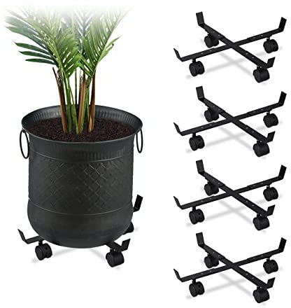 Relaxdays Pflanzenroller ausziehbar, 5er Set, innen & außen, Rolluntersetzer für Blumentopf bis 42 cm Ø, Metall, schwarz