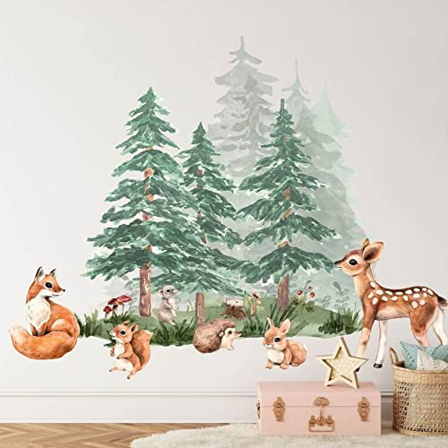 INSPIO Wandsticker Waldtiere Kinderzimmer Wandtattoo Wald Bäume Fuchs Igel Eichhörnchen Hirsch Wandaufkleber für Kinder (N.1)