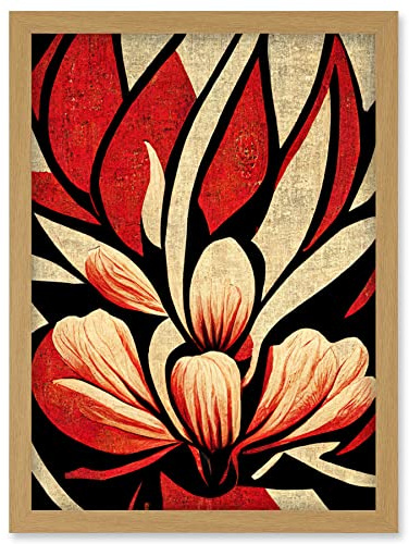 Doppelganger33 LTD Abstract Flowers Design Cream Red Black Vivid Bold Artwork Framed Wall Art Print A4