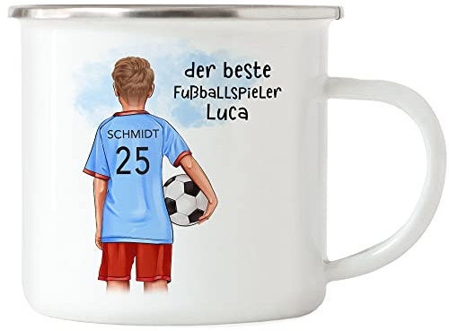 Kiddle-Design Fussball Emaille Tasse Personalisiert mit Namen Fußball Becher Personalisiert Fanartikel Kinder Jungs Mädchen Fussballtasse Fußballfan Kinderbecher