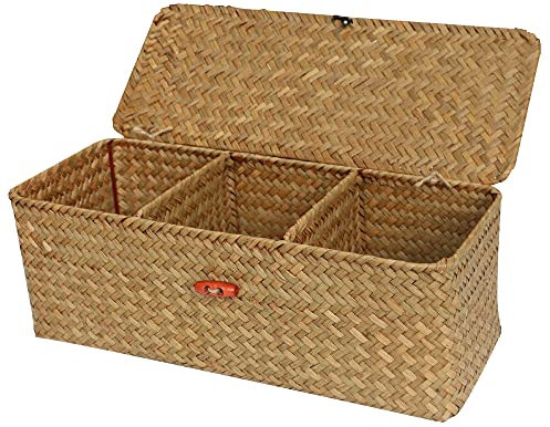 FEILANDUO Cesta de almacenamiento de 3 secciones con tapa, tejida a mano, pequeñas cestas de mimbre rectangular para organizar el escritorio (3 secciones naturales con tapa)