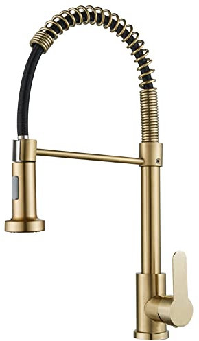 FVITA Grifo de cocina dorado cepillado con pulverizador extraíble, sin plomo, acero inoxidable SUS 304, grifo de fregadero de cocina de una sola manija, grifo de arco alto para fregadero de cocina,