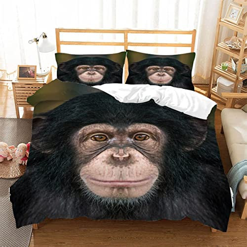 Schimpansen-Affe Bettwäsche 135×200 Weiche Mikrofaser 3d Druck Wilde Tiere Bettbezug mit Reißverschluss Für Kinder Zimmer Dekor Jungen Mädchen 3 Teilig Bettwäsche Set mit 2 Kissenbezüge 80×80 cm