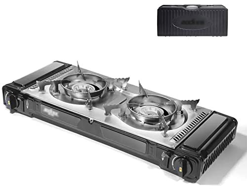Camping Double Hole BBQ Gas Stove, poêle à gaz portable en plein air, chaudière à feu en acier inoxydable à la chaudière en acier inoxydable,A