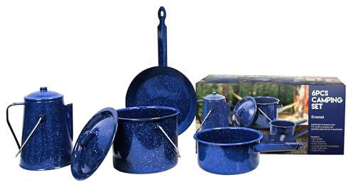 OUTPOST Camping Kochset - 6-teiliges Emaille-Kochgeschirr-Set für drinnen und draußen - Premium Camp Kitchen Zubehör inklusive Bratpfanne, Wasserkocher, Perkolator - pflegeleicht und langlebig