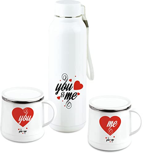 JMS we create smile You & Me Flask Set for Christmas 2pcs Mugs Set Vacuum Insulated Drinks Bottle with Tea & Coffee Mugs has Lid & Handle for Hot & Cold Drinks for Birthday Gifts (You & Me)