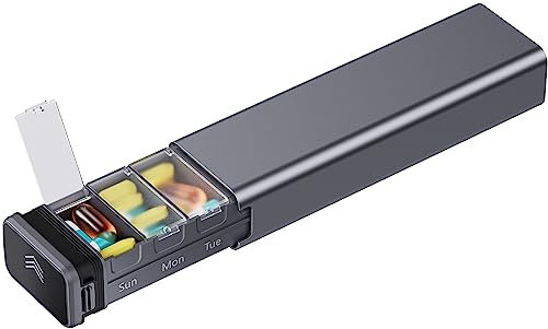 Tablettenbox 7 Tage,Kursoaya Tägliche Pillendose für 7 Tage, Hochwertiges Aluminium,Pillenbox für Vitamine, Medikamente, Nahrungsergänzungsmittel (Grau)